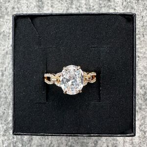 NIB Adjustable Gold Plated Oval CZ Statement Ring w/ Pave Accent Loop Band